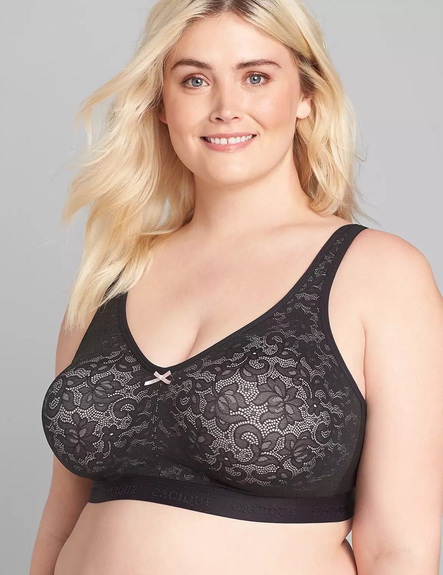 Lane Bryant Cotton No-Wire with Lace Women Unlined Bra Black | YCQ8670EU