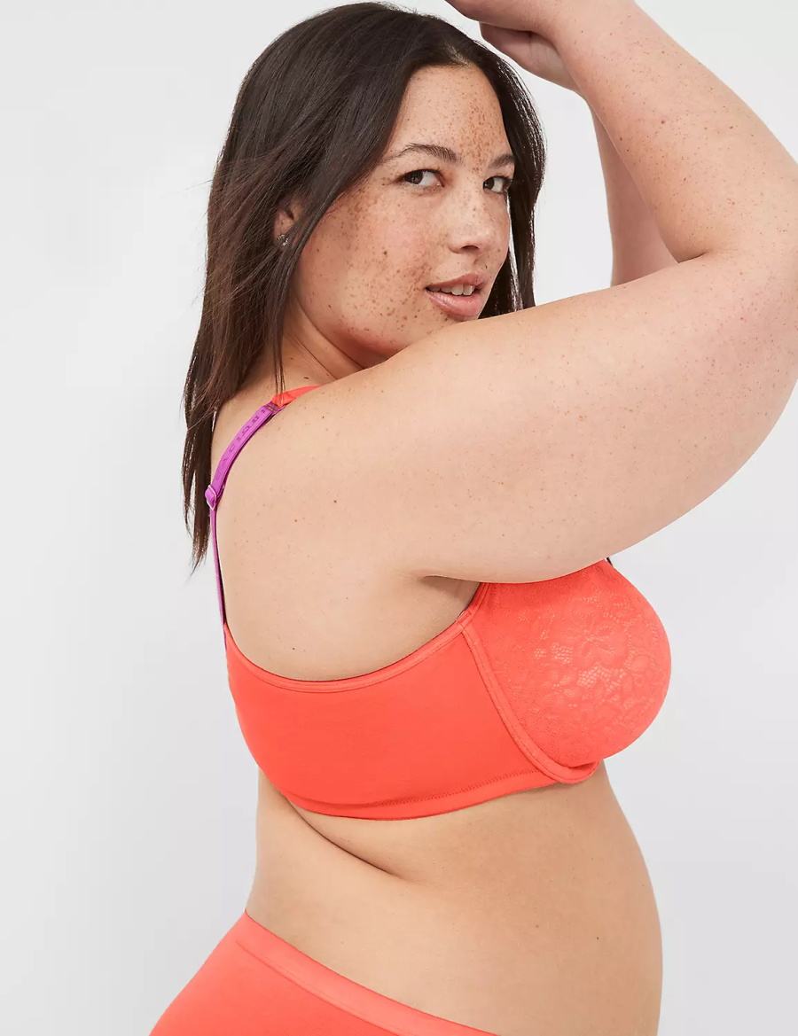 Lane Bryant Cotton Plunge with Lace Women Unlined Bra Red Coral | EKB5648PI