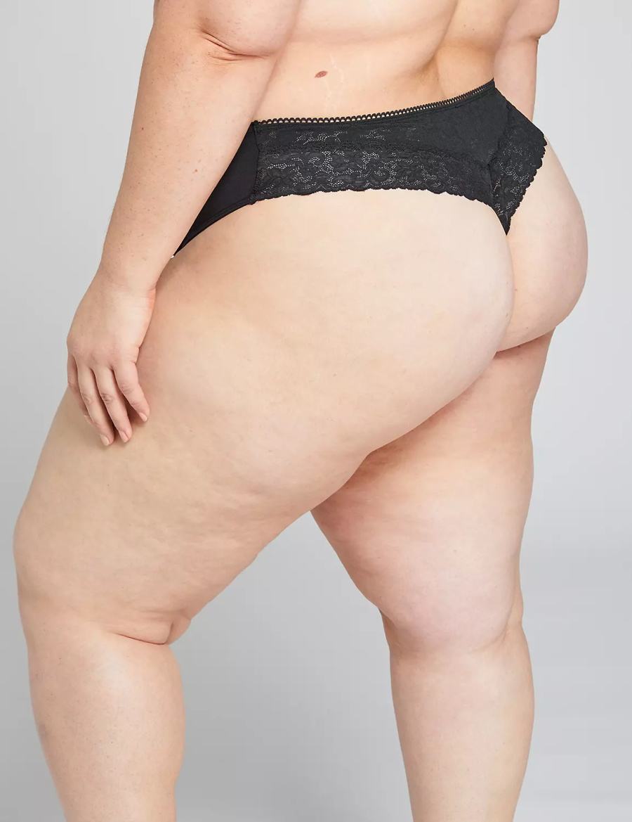 Lane Bryant Cotton With Lace Back Women Thong Panty Black | VGU8588FX