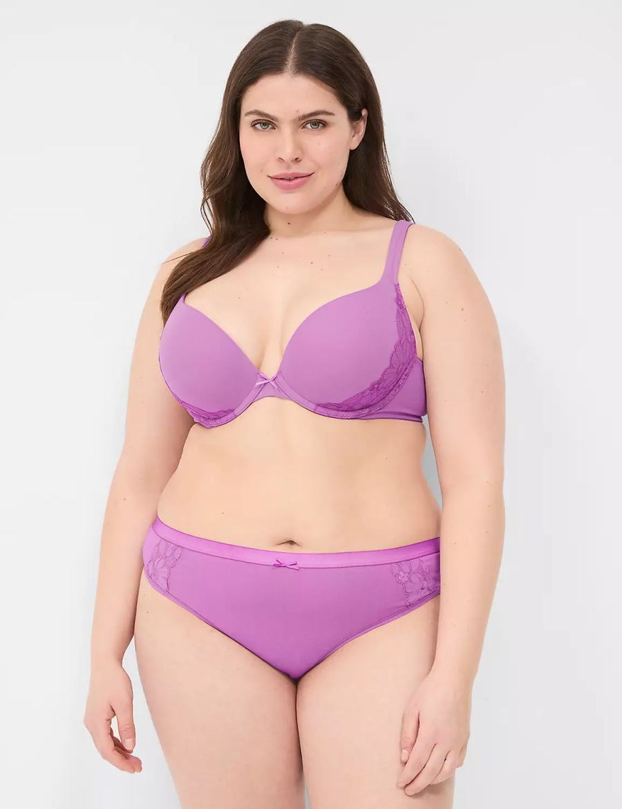 Lane Bryant Cotton With Lace Trim Women Thong Panty Purple | IEK2388OY