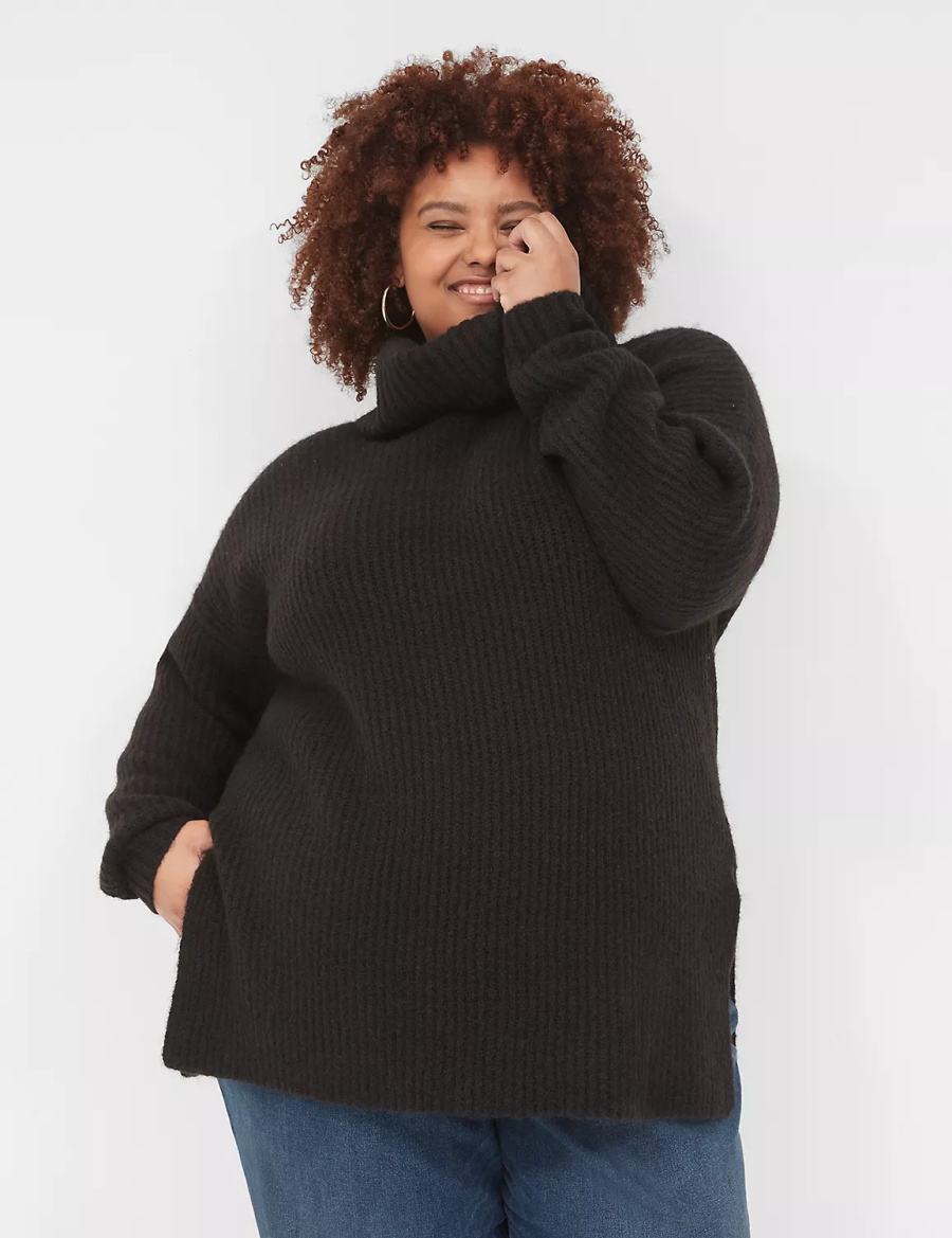 Lane Bryant Cowlneck Ribbed Long Women Sweaters Black | CPX6516QZ