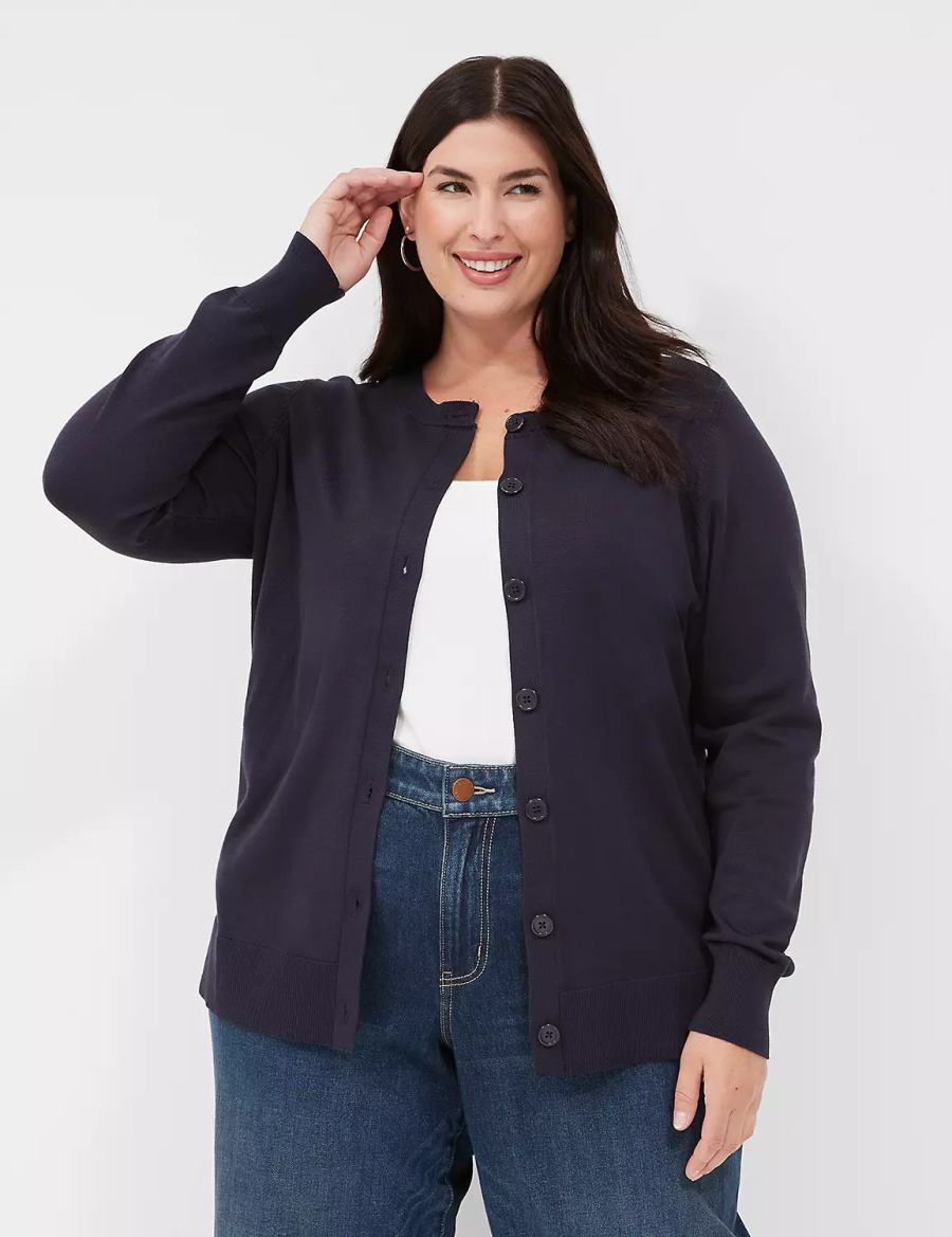 Lane Bryant Crew-Neck Button-Front Women Cardigan Blue | ITH5083SU