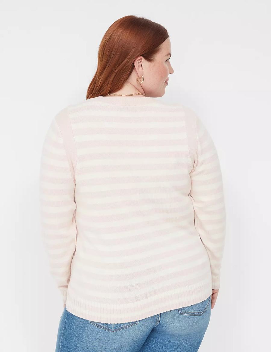 Lane Bryant Crew-Neck Button-Shoulder Stripe Women Sweaters Coral | TQU2062BC