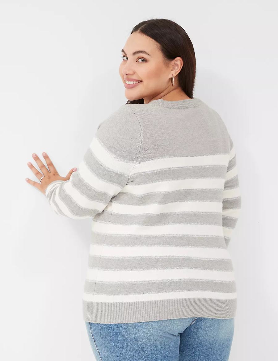 Lane Bryant Crew-Neck Button-Shoulder Striped Women Sweaters Brown | TNM4921BY