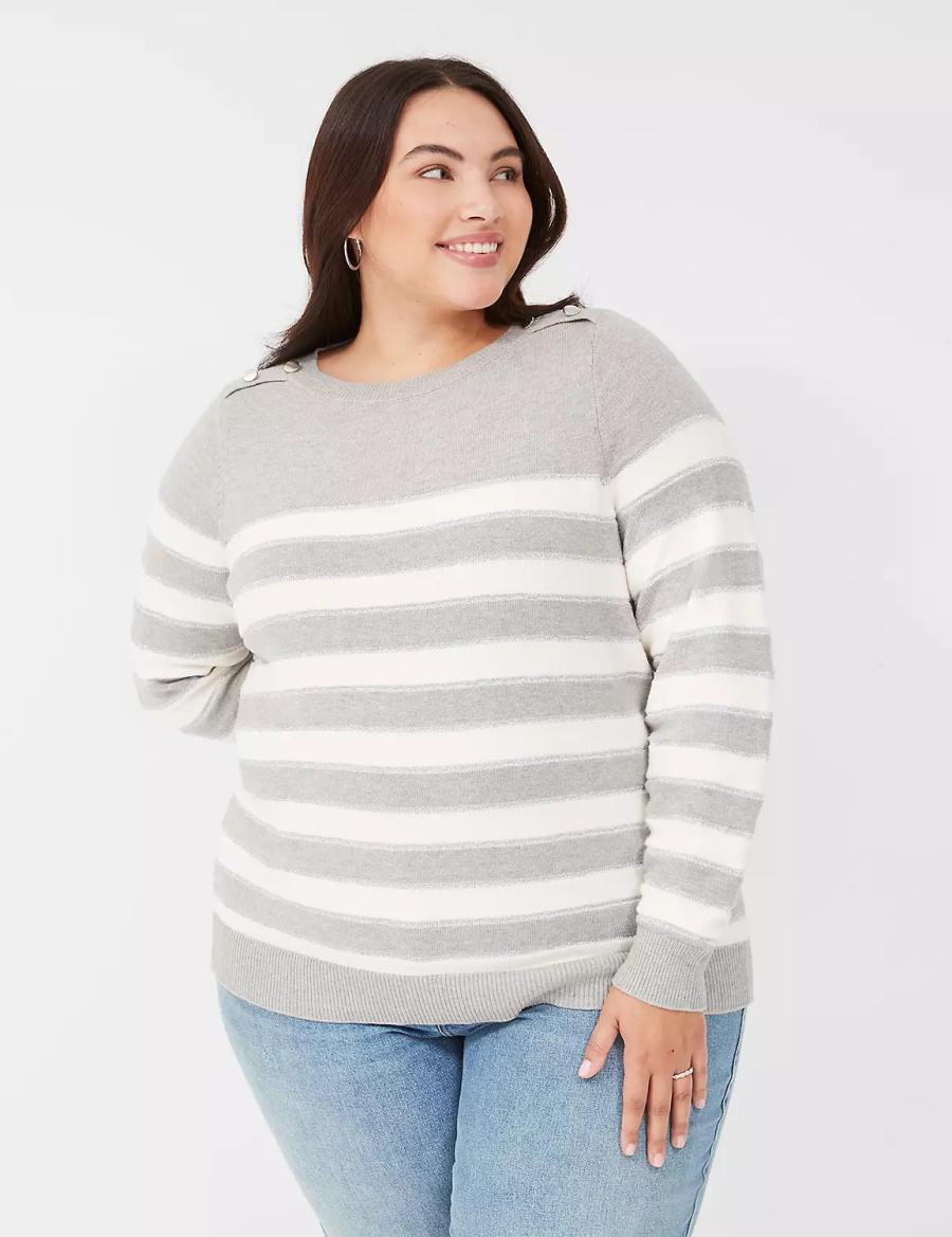 Lane Bryant Crew-Neck Button-Shoulder Striped Women Sweaters Brown | TNM4921BY