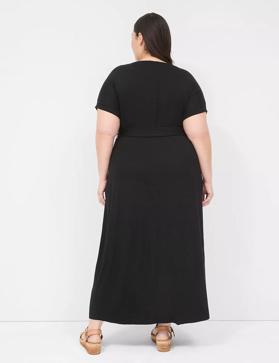 Lane Bryant Crew-Neck Faux-Wrap Jersey Women Midi Dress Black | DIS726NC