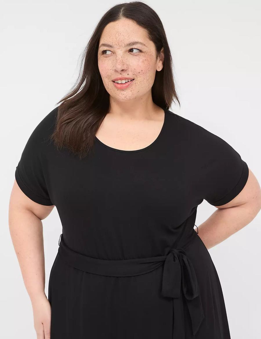 Lane Bryant Crew-Neck Faux-Wrap Jersey Women Midi Dress Black | DIS726NC