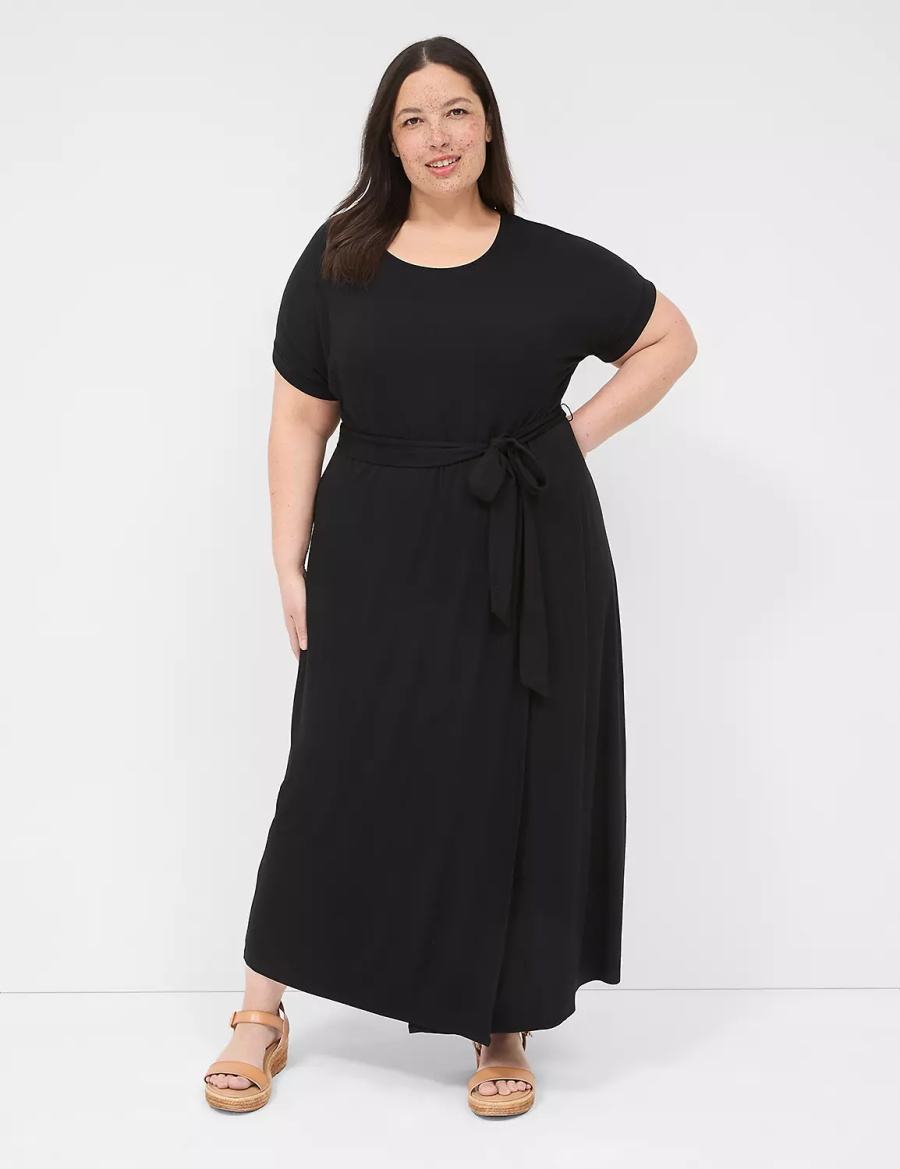 Lane Bryant Crew-Neck Faux-Wrap Jersey Women Midi Dress Black | DIS726NC