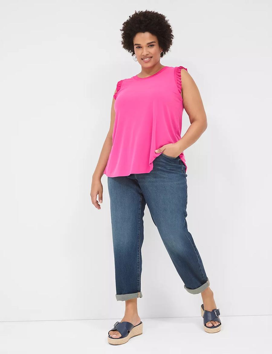 Lane Bryant Crew-Neck Ruffle-Trim Women Tank Top Pink | MZN7875RF