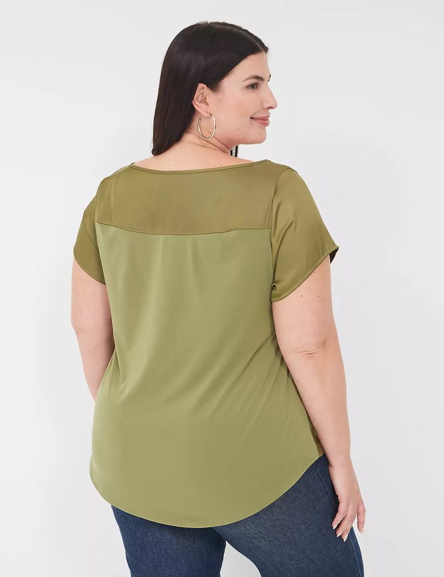 Lane Bryant Crew-Neck Satin & Knit Top Women T Shirts Green | HFW6227HQ