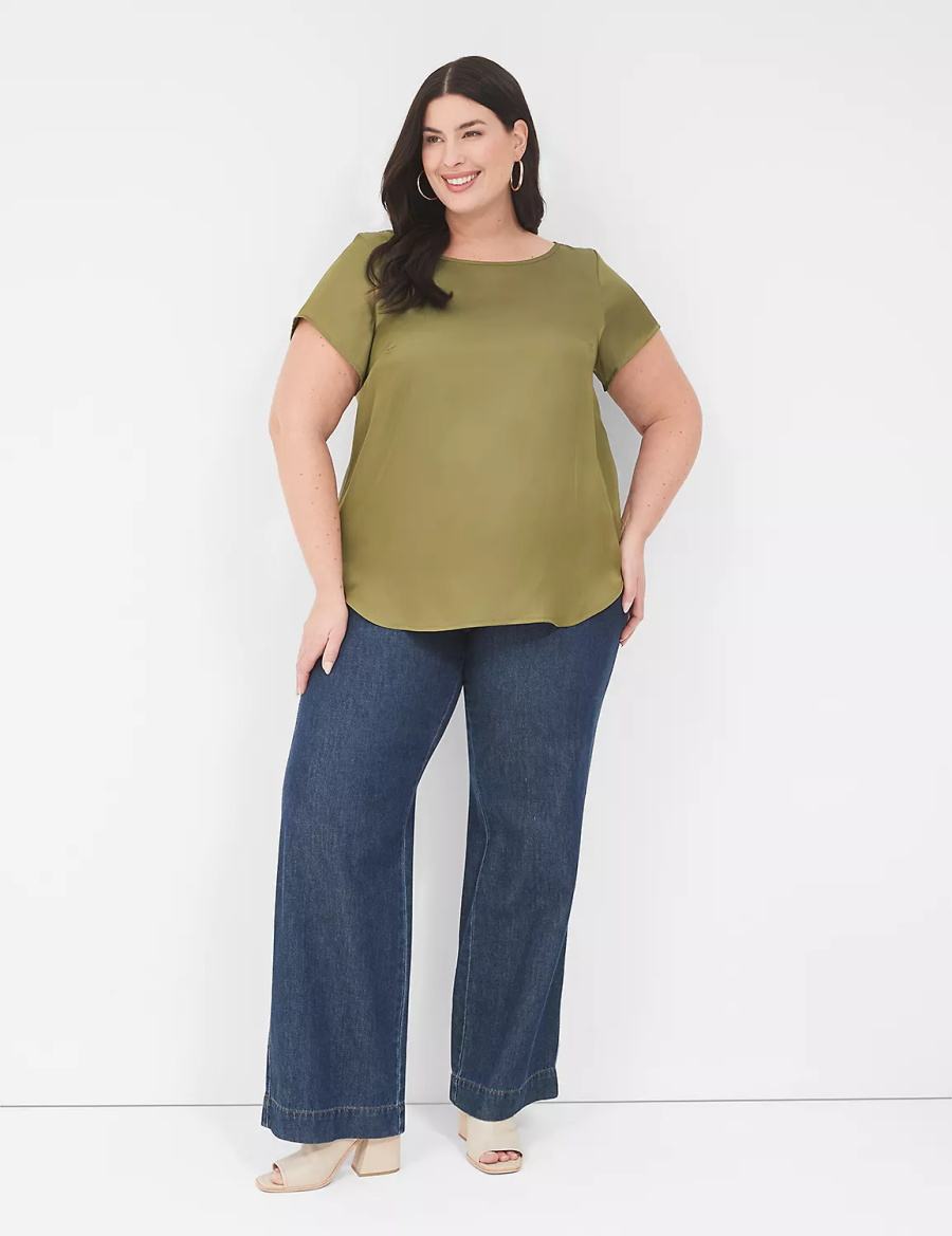 Lane Bryant Crew-Neck Satin & Knit Top Women T Shirts Green | HFW6227HQ