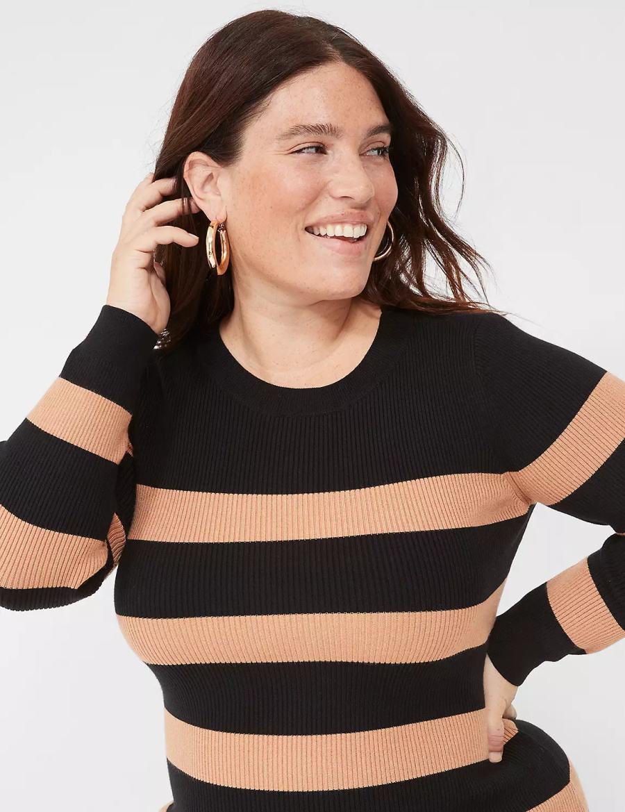 Lane Bryant Crew-Neck Stripe Sweater Women Knitted Dress Black | RWZ5722LY