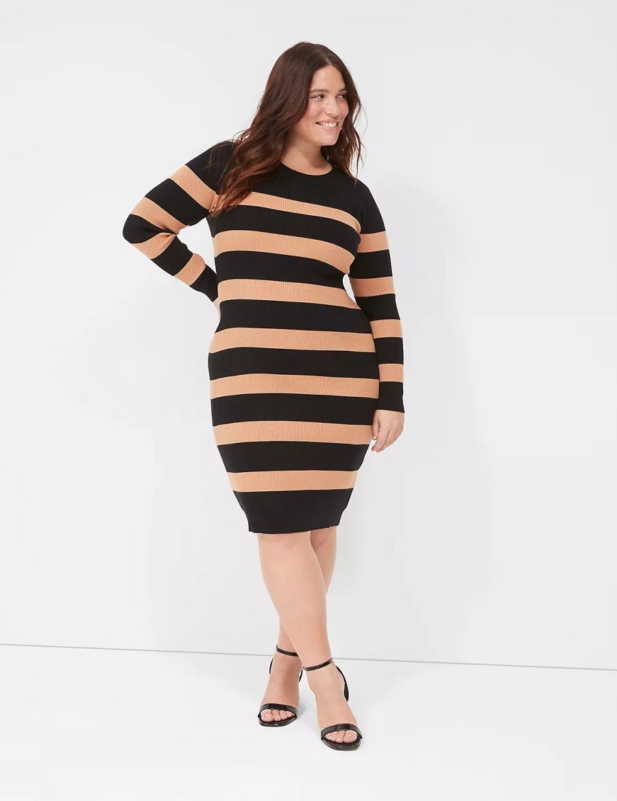 Lane Bryant Crew-Neck Stripe Sweater Women Knitted Dress Black | RWZ5722LY