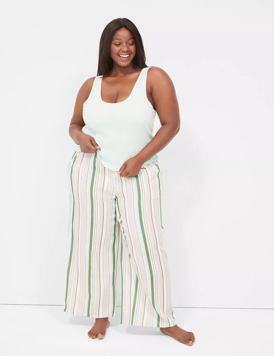 Lane Bryant Crinkle Woven Wide Leg Women Pants Green Multicolor Stripes | WDM8697XQ