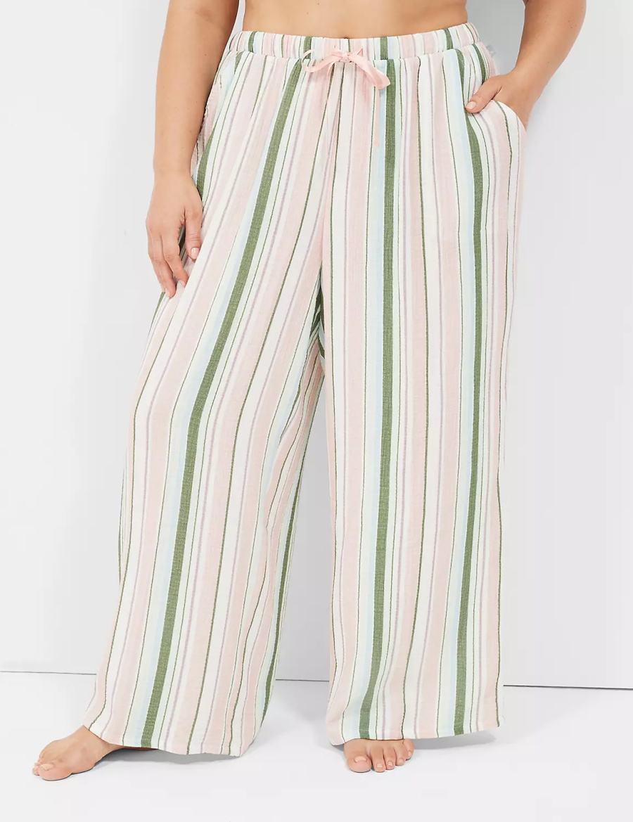 Lane Bryant Crinkle Woven Wide Leg Women Pants Green Multicolor Stripes | WDM8697XQ