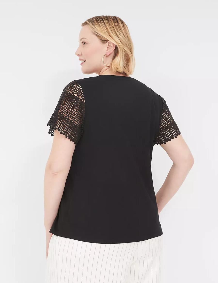 Lane Bryant Crochet-Sleeve Crew-Neck Tee Women T Shirts Black | YCZ3332LV