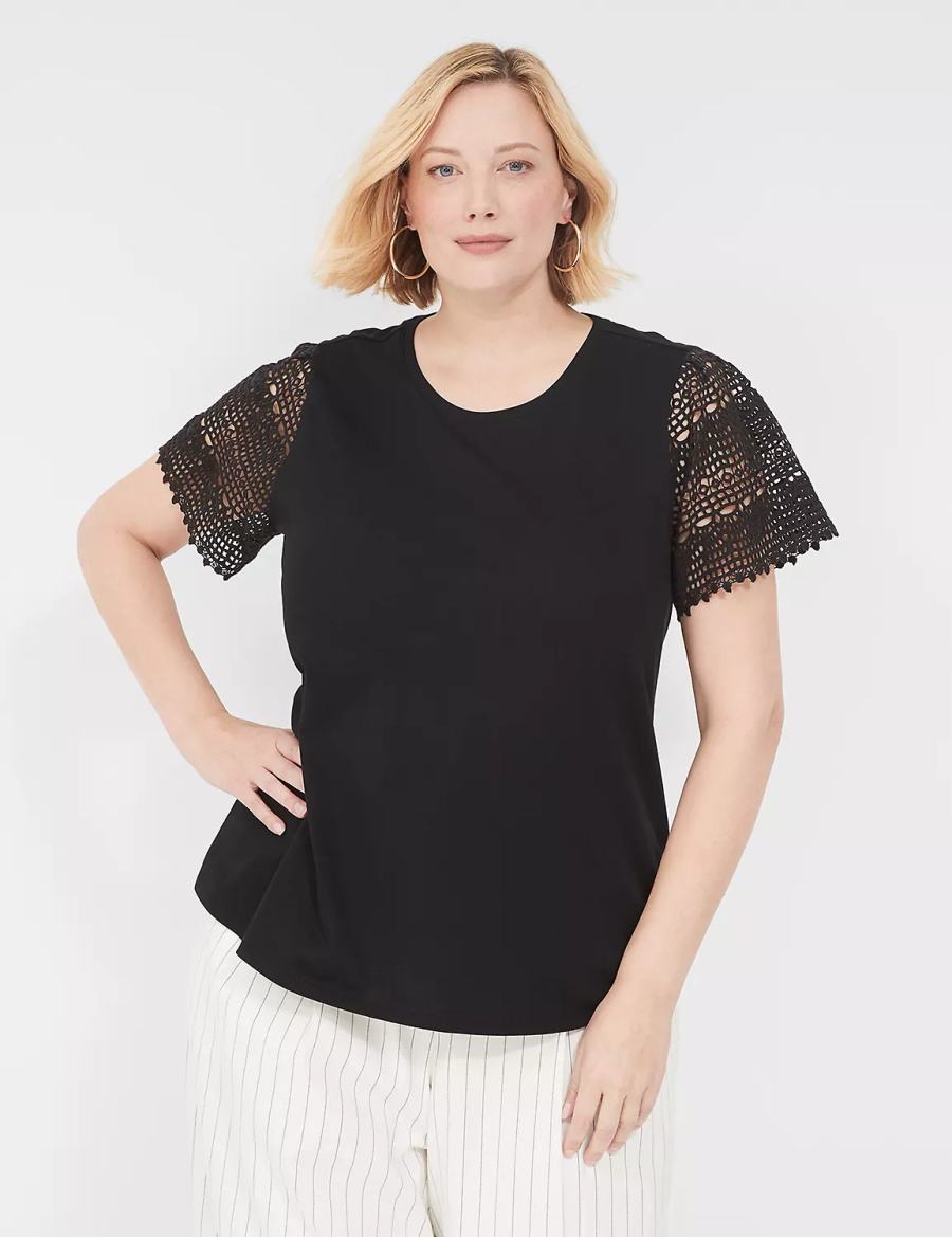 Lane Bryant Crochet-Sleeve Crew-Neck Tee Women T Shirts Black | YCZ3332LV