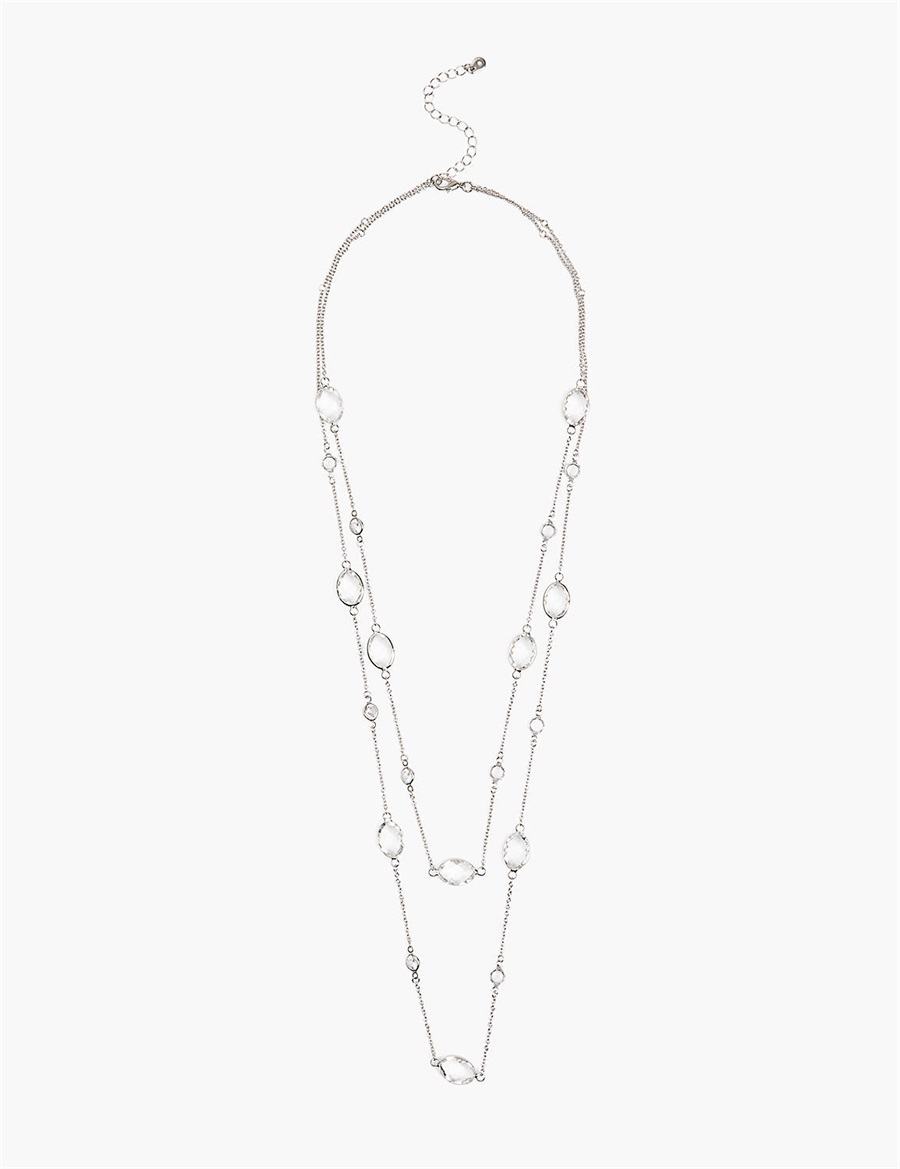 Lane Bryant Crystal Station Layered Women Chain Necklace Silver | XMO9617XN