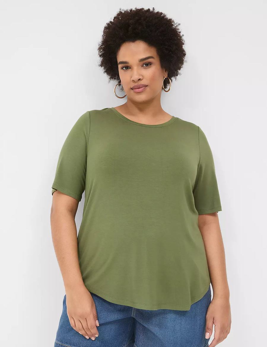 Lane Bryant Curved-Hem Perfect Sleeve Tee Women T Shirts Brown Green | MMO4713CS