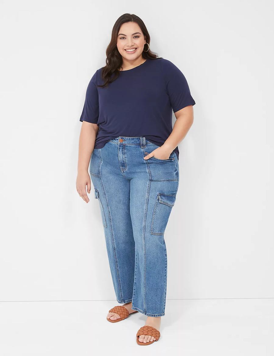 Lane Bryant Curved-Hem Perfect Sleeve Tee Women T Shirts Blue | IZN7951AG