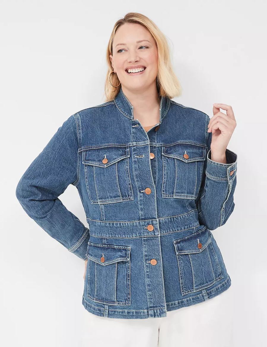 Lane Bryant Denim Banded-Waist Utility Women Jackets Dark Blue | UTA8879ZY