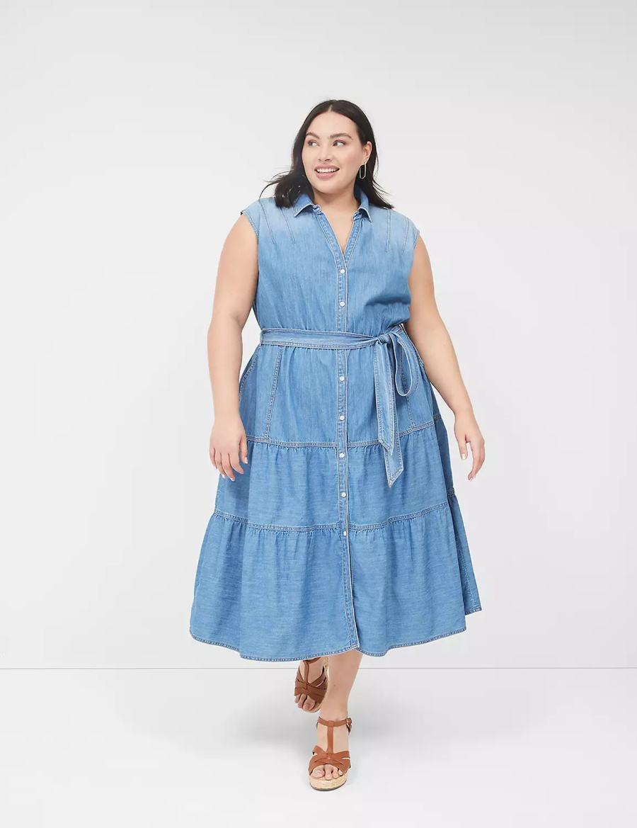 Lane Bryant Denim Tiered Women Midi Dress Blue | ZIM247DI