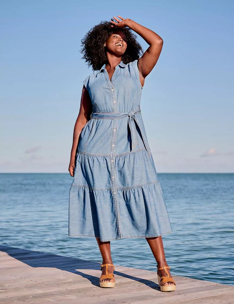 Lane Bryant Denim Tiered Women Midi Dress Blue | ZIM247DI