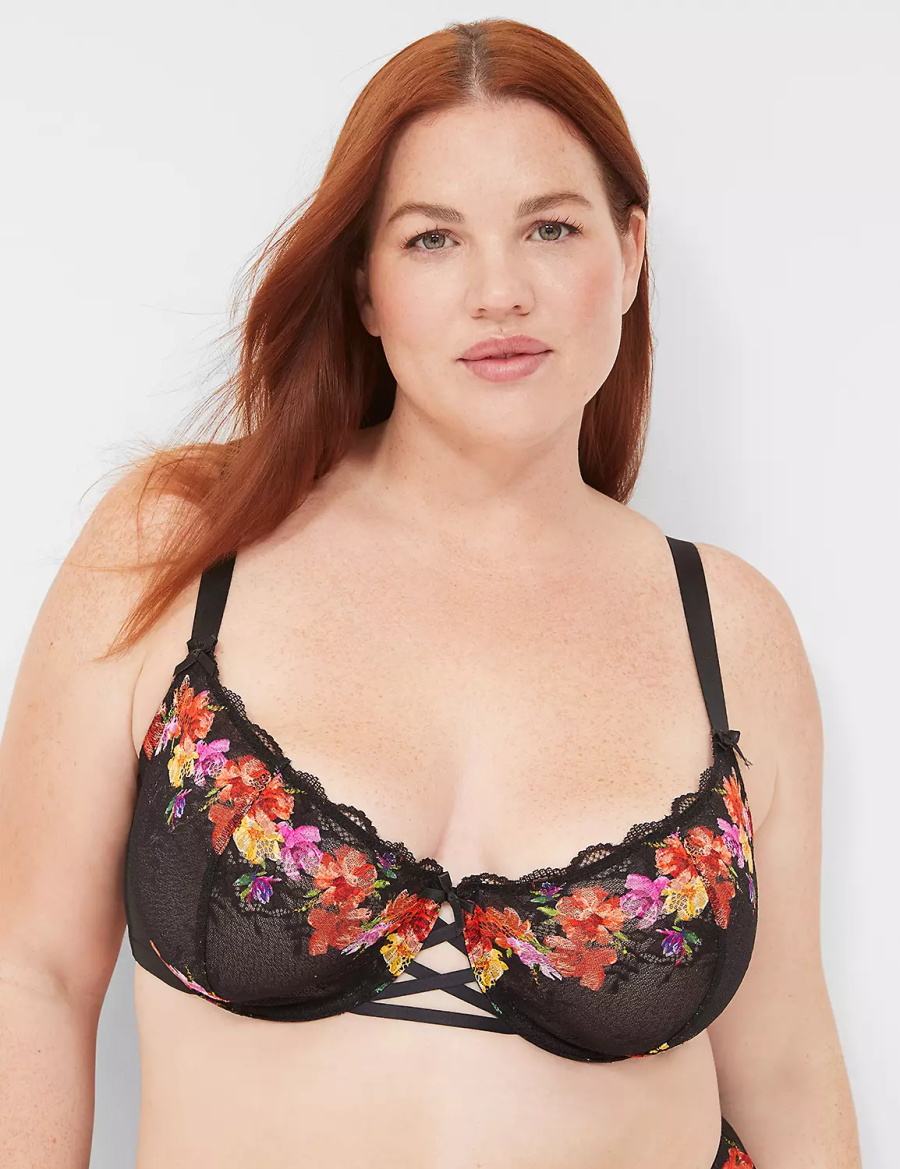 Lane Bryant Digital Print Lace Unlined Women Balconette Bra Black | VRX472VM