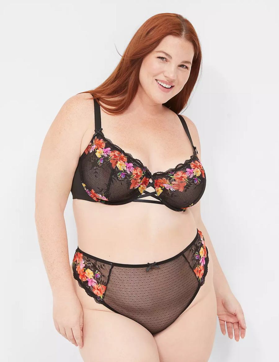 Lane Bryant Digital Print Lace Unlined Women Balconette Bra Black | VRX472VM