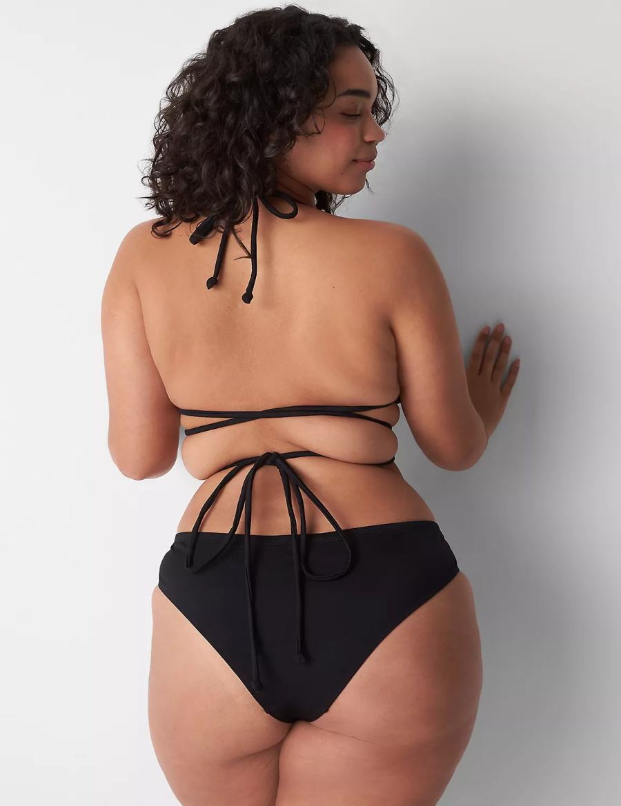 Lane Bryant Dipped Tanga Swim Women Bikini Bottom Black | JBE5474HJ