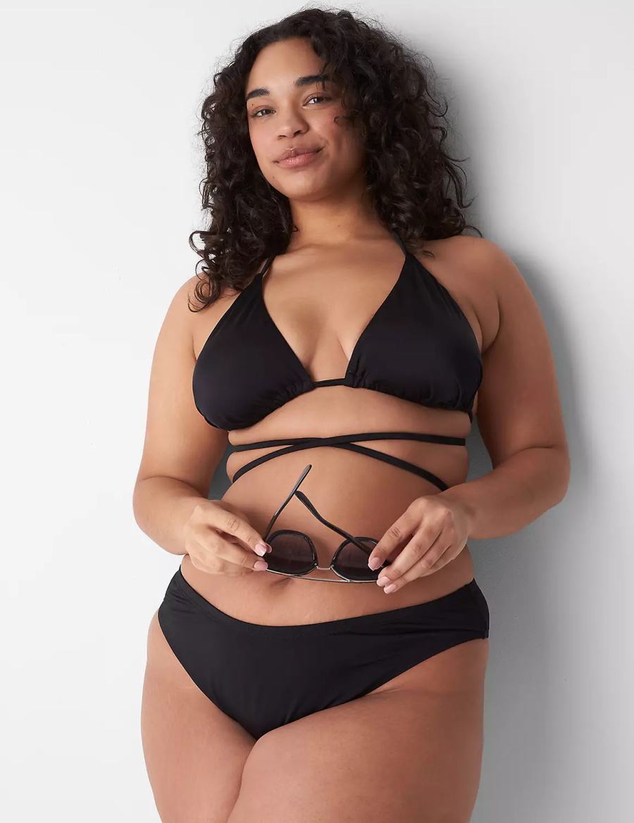 Lane Bryant Dipped Tanga Swim Women Bikini Bottom Black | JBE5474HJ