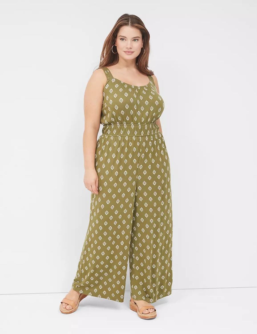 Lane Bryant Double Elastic-Waist Tank Women Jumpsuit Green | CIQ7222EA