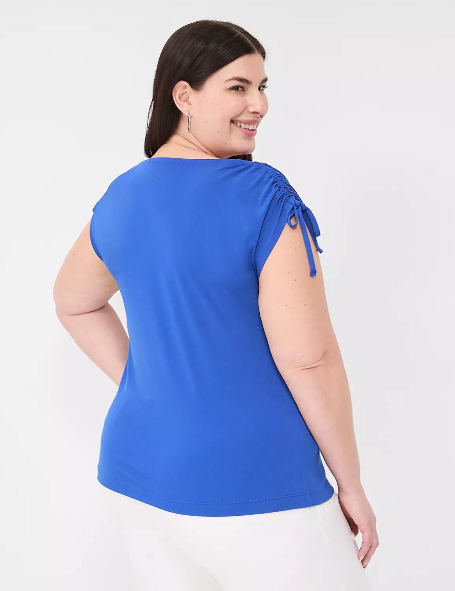 Lane Bryant Drawcord Cap-Sleeve Drape-Neck Top Women T Shirts Blue | RXV7238QR