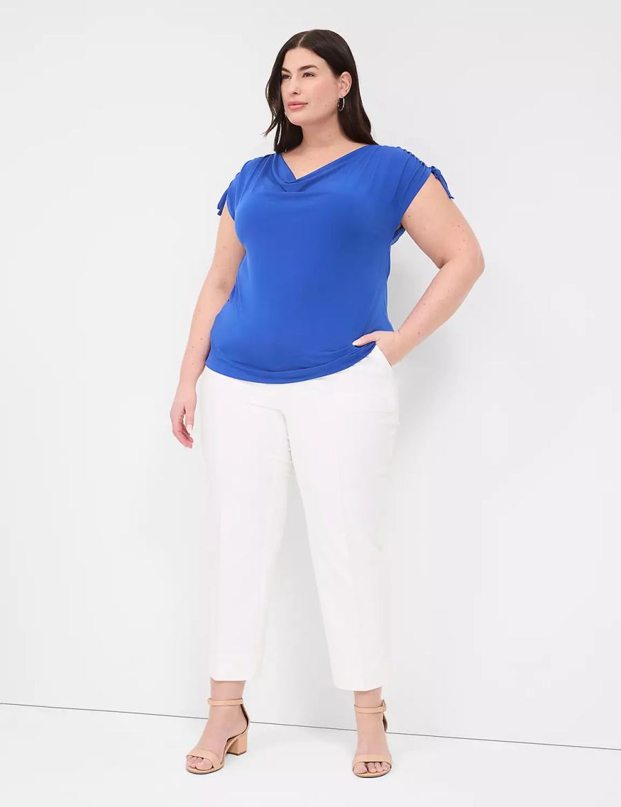 Lane Bryant Drawcord Cap-Sleeve Drape-Neck Top Women T Shirts Blue | RXV7238QR