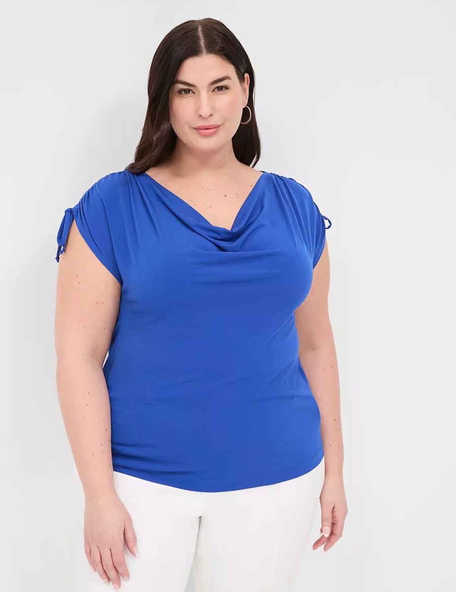 Lane Bryant Drawcord Cap-Sleeve Drape-Neck Top Women T Shirts Blue | RXV7238QR