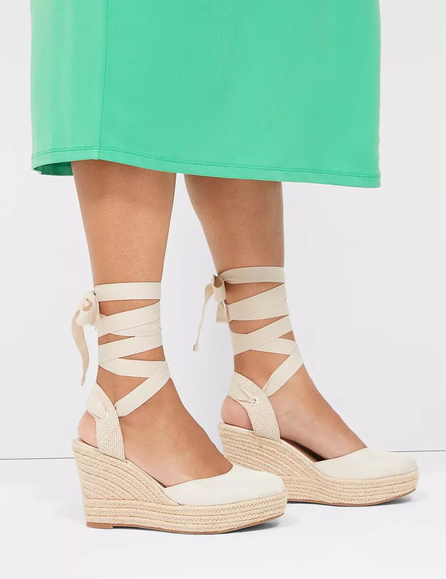 Lane Bryant Dream Cloud Ankle-Tie Espadrille Women Wedge Sandals White | JUP926KH