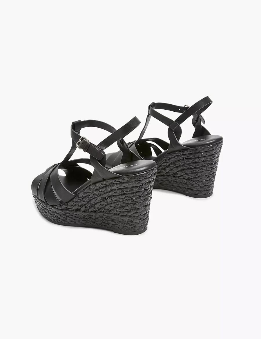 Lane Bryant Dream Cloud Faux-Leather T-Strap Espadrille Women Wedge Sandals Black | KTS2766TR