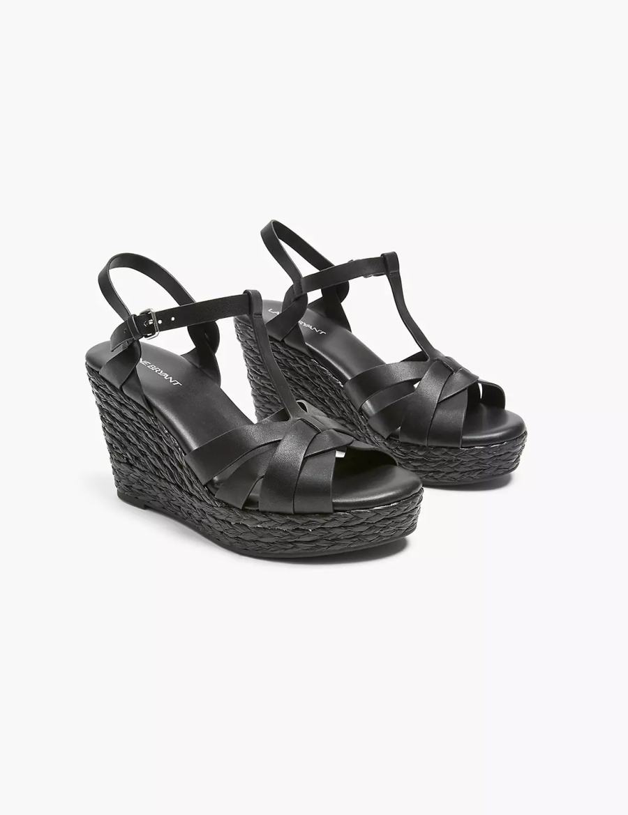 Lane Bryant Dream Cloud Faux-Leather T-Strap Espadrille Women Wedge Sandals Black | KTS2766TR