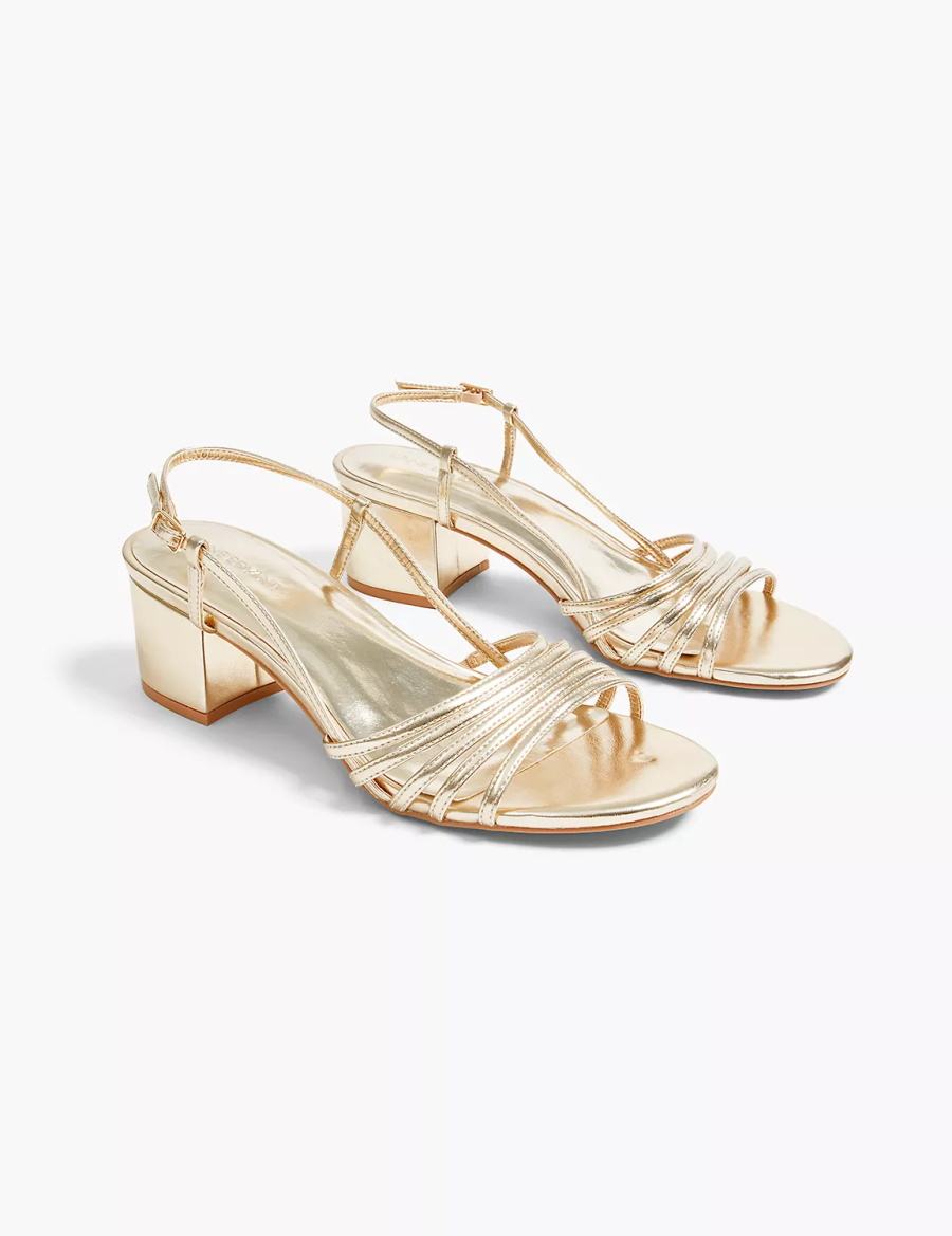 Lane Bryant Dream Cloud Metallic Strappy Low Block Heel Women Heels Sandals Gold | LXQ5254EC