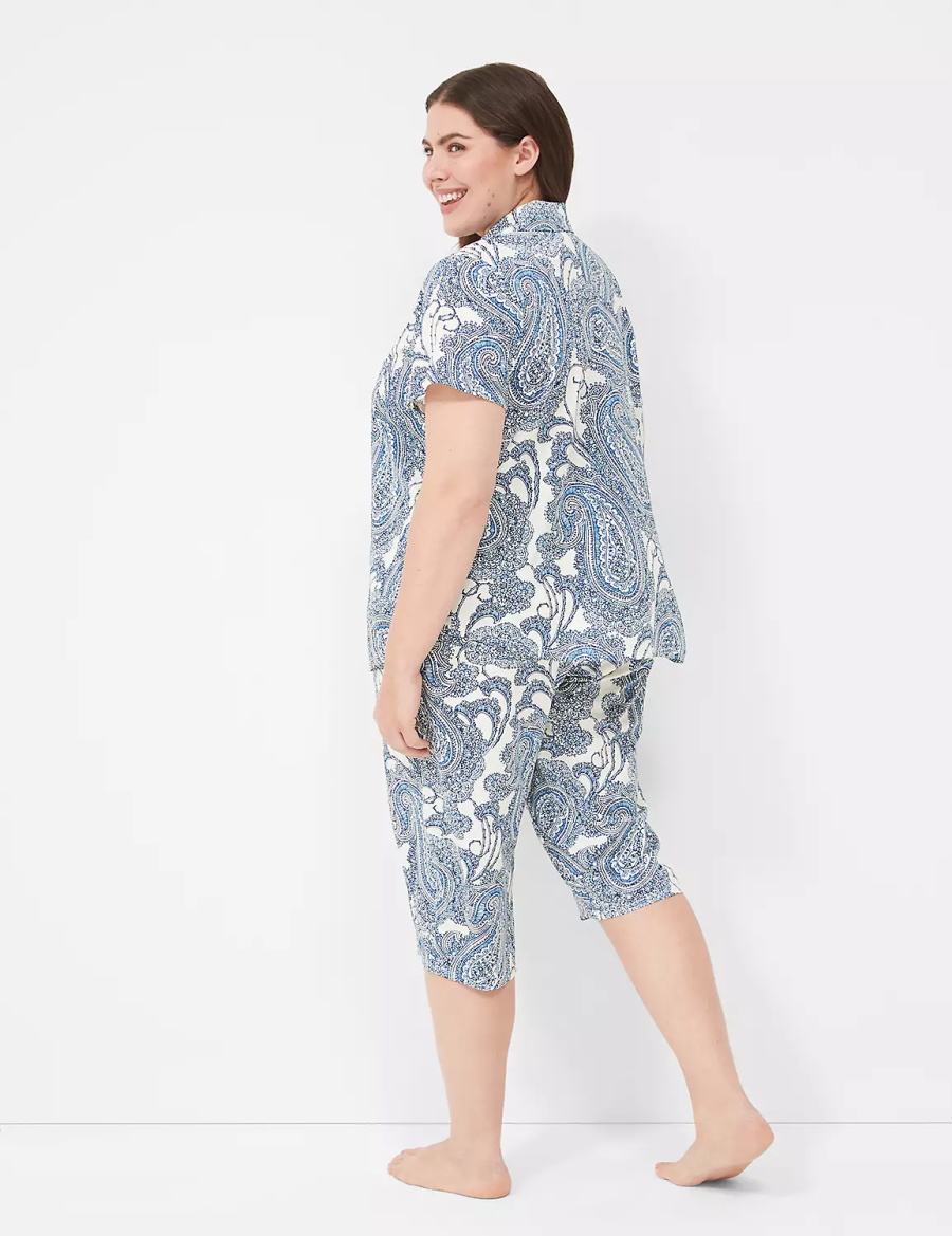 Lane Bryant DreamyCool Short-Sleeve Shirt & Crop Pant PJ Set Women Pajamas Blue Multicolor | QWU2553PE