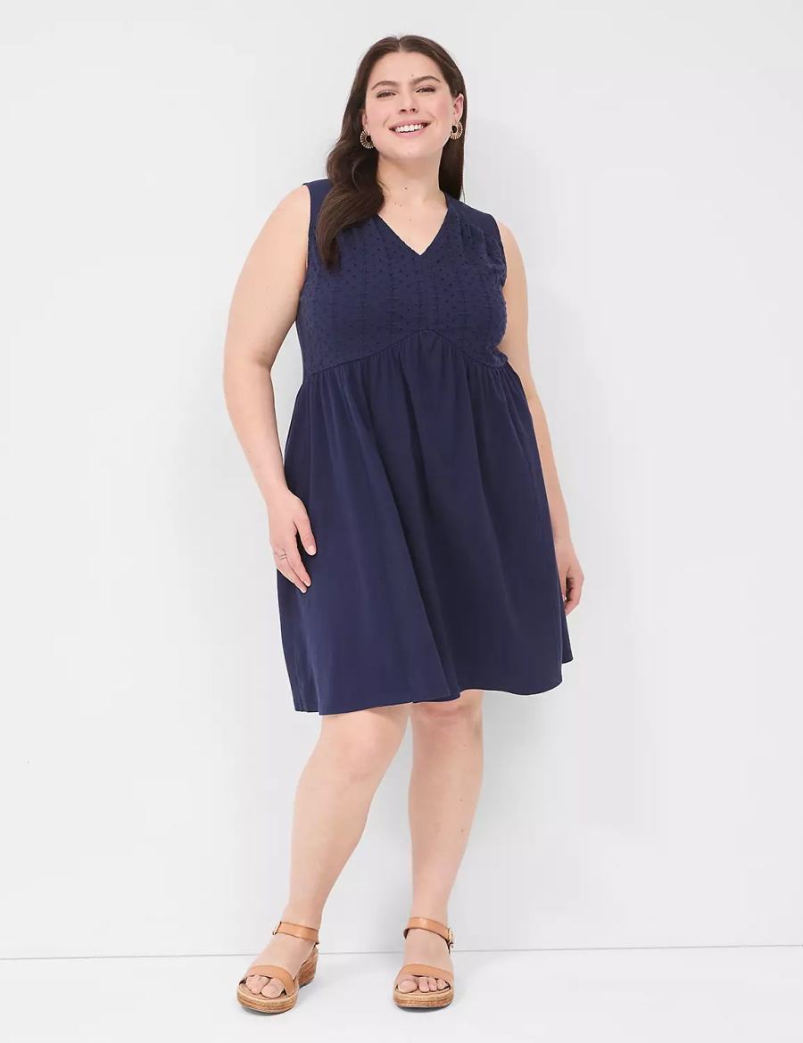 Lane Bryant Easy Swing Eyelet-Bodice Women Casual Dress Blue | ZUM1416UL