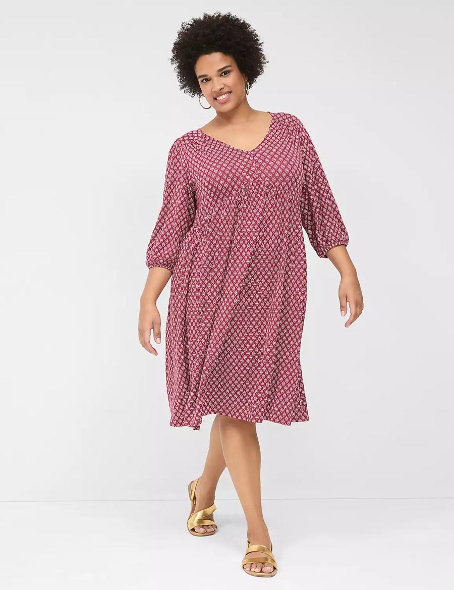 Lane Bryant Easy Swing V-Neck Women Casual Dress Burgundy | CRV792GK