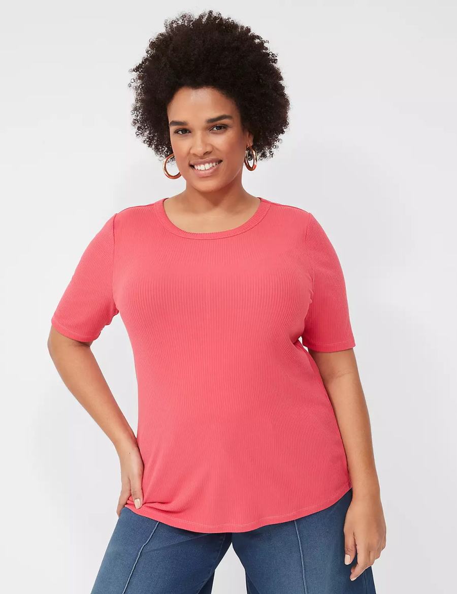 Lane Bryant Elbow-Sleeve High Crew-Neck Rib Top Women T Shirts Pink | WYF4998WP