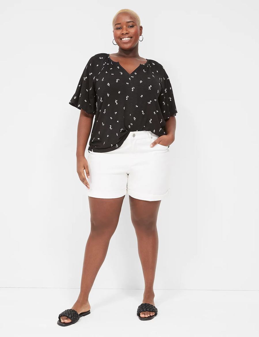 Lane Bryant Elbow-Sleeve Notch-Neck Top Women T Shirts White | LBB5255UB