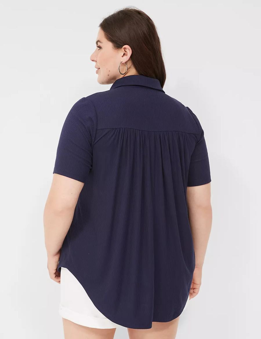 Lane Bryant Elbow-Sleeve Split-Neck Swing Polo Top Women T Shirts Blue | YNJ3130RV