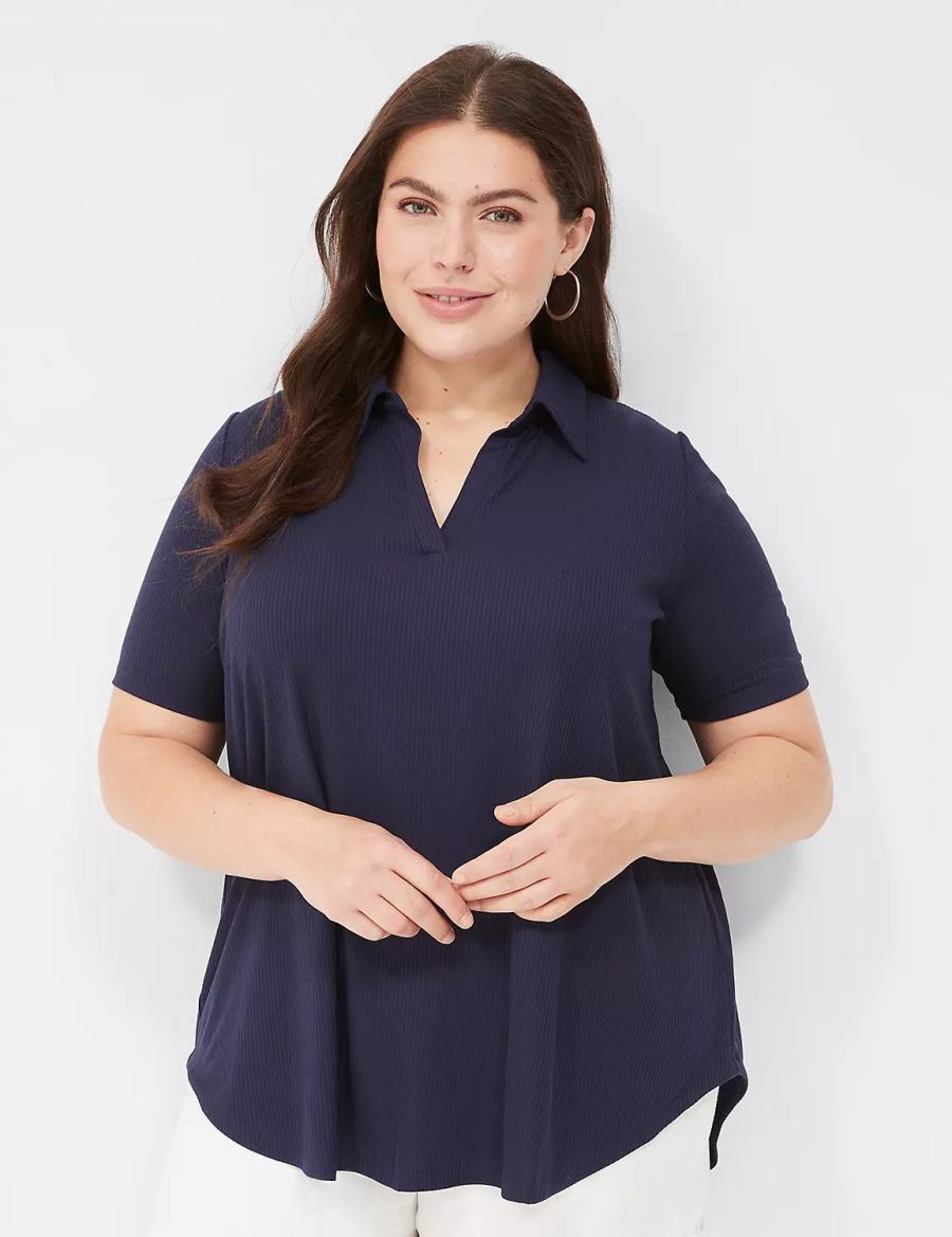 Lane Bryant Elbow-Sleeve Split-Neck Swing Polo Top Women T Shirts Blue | YNJ3130RV