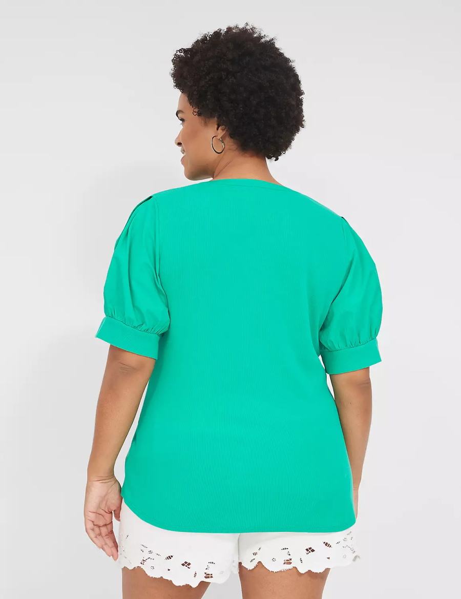 Lane Bryant Elbow-Sleeve Split-Neck Top Women T Shirts Turquoise | JZP8560RT