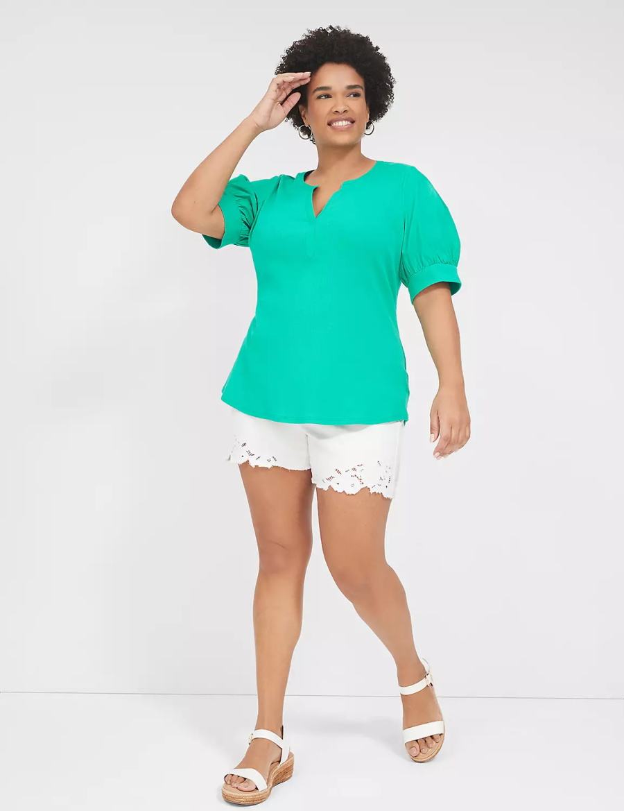 Lane Bryant Elbow-Sleeve Split-Neck Top Women T Shirts Turquoise | JZP8560RT