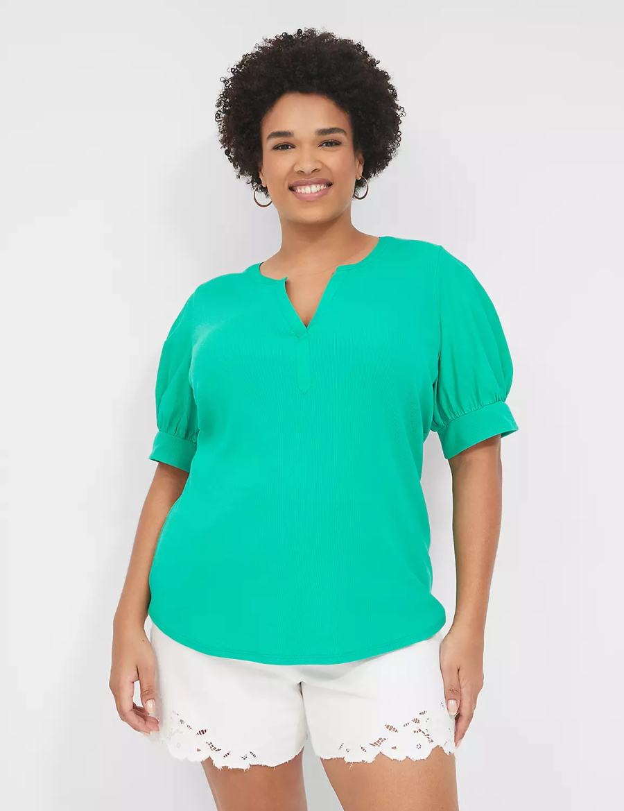 Lane Bryant Elbow-Sleeve Split-Neck Top Women T Shirts Turquoise | JZP8560RT