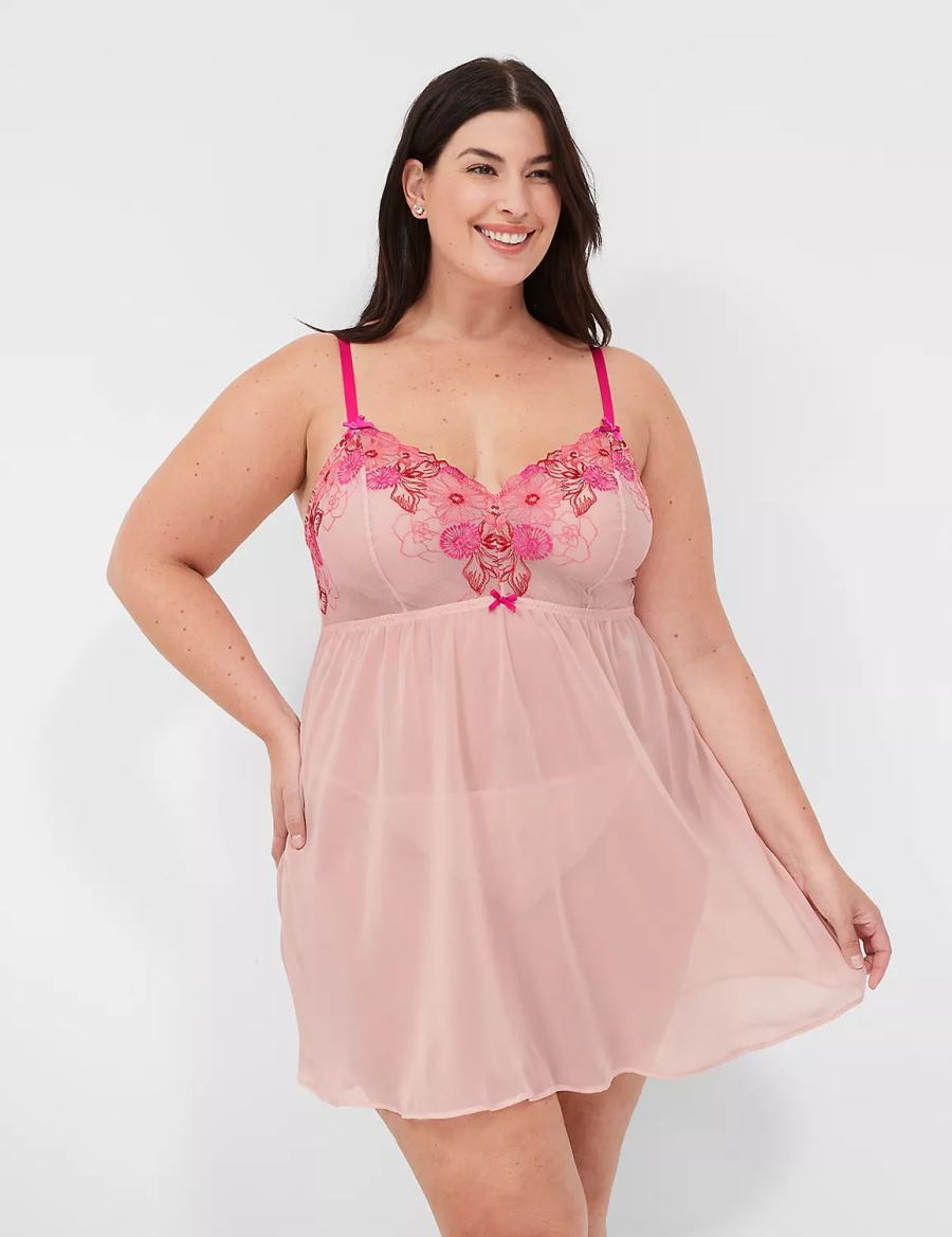 Lane Bryant Embroidered Babydoll Women Dress Rose Pink | PUK9793ZK